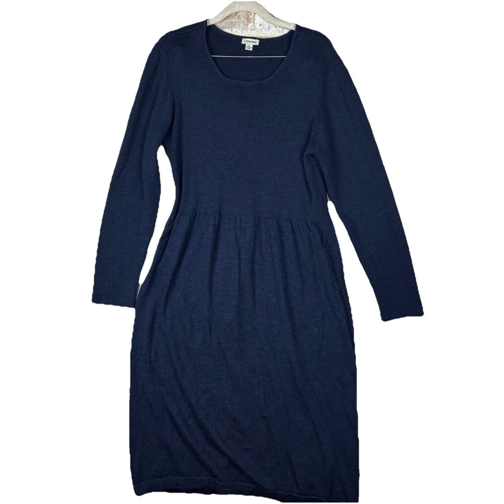 J. Peterman Large Long Sleeve Ribbed Knit Sweater Dress Merino Wool Blue Midi